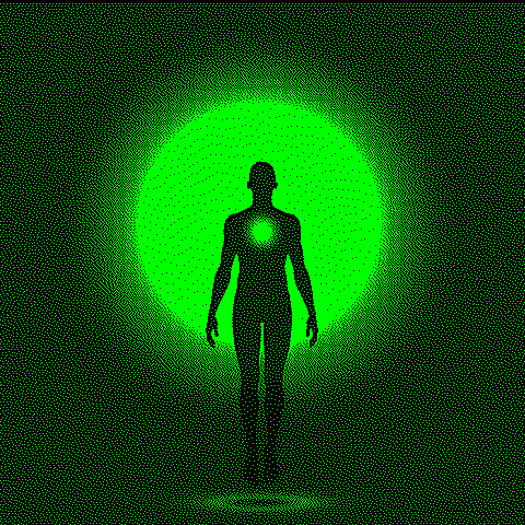 A dithered image of the silhouette of a human gently levitating above the ground, their heart chakra glowing green, set against a background of a large glowing HTML Energy orb of light.